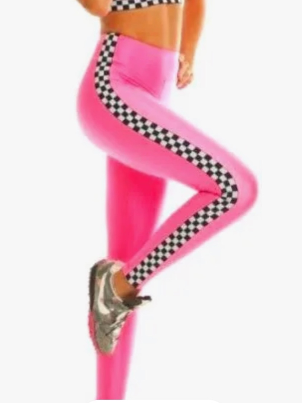 Koral Hot Pink Leggings with Black-and-White Checkered Side Stripes NWT Medium